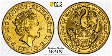 2017 £100 Queen's Beasts-Red Dragon MS65