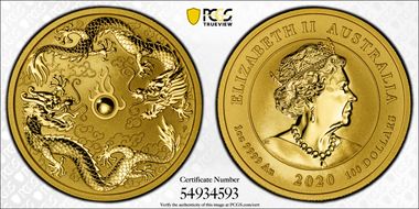 2020-P $100 Double Dragon Au MS70
