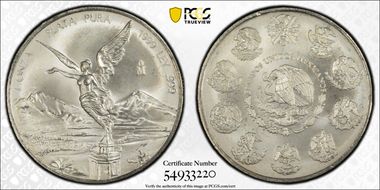 (2000)/1999-Mo Onza Libertad Ag Mule with 1999 Rev MS65