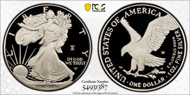2026-W $1 Silver Eagle w/ Liberty Bell 250 Privy PR70DCAM