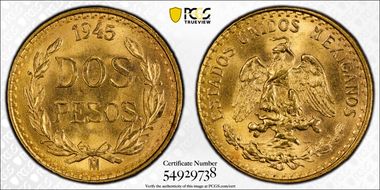 1945-Mo 2 Peso KM-461 Au MS66