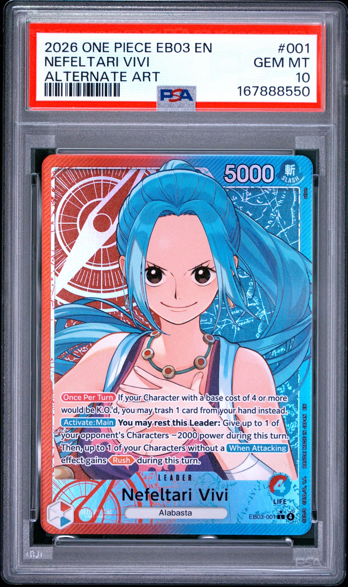 2026 One Piece Eb03-Extra Booster -One Piece Heroines Edition- Nefeltari Vivi #001 (Alternate Art) Gem Mt 10 front view - PSA graded GEM MT 10