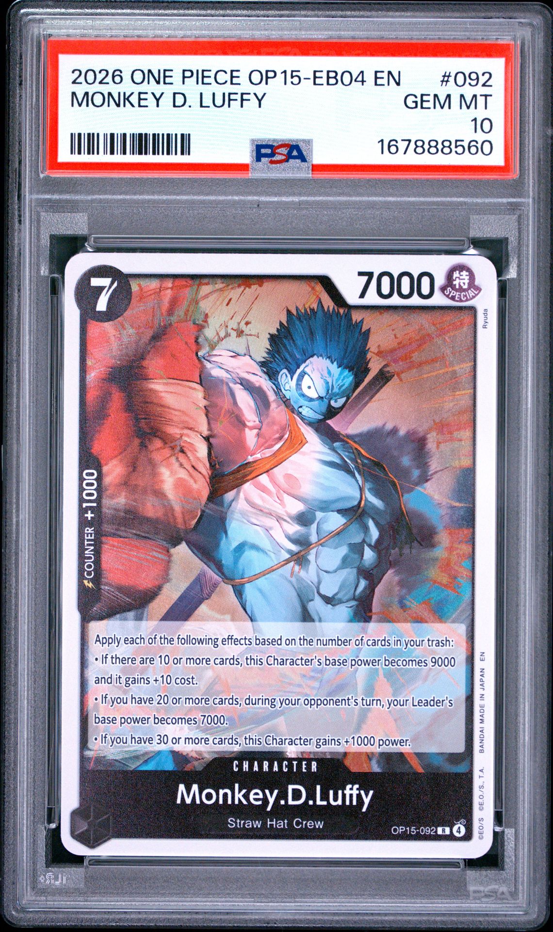 2026 One Piece Op15-Eb04-Adventure On Kami's Island Monkey D. Luffy #092 Gem Mt 10 front view - PSA graded GEM MT 10