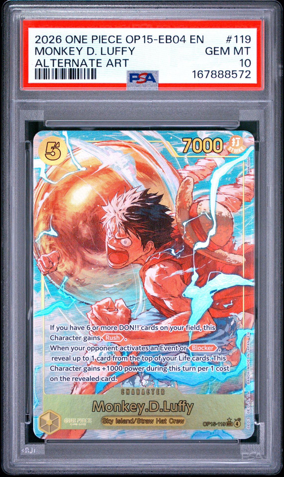 2026 One Piece Op15-Eb04-Adventure On Kami's Island Monkey D. Luffy #119 (Alternate Art) Gem Mt 10 front