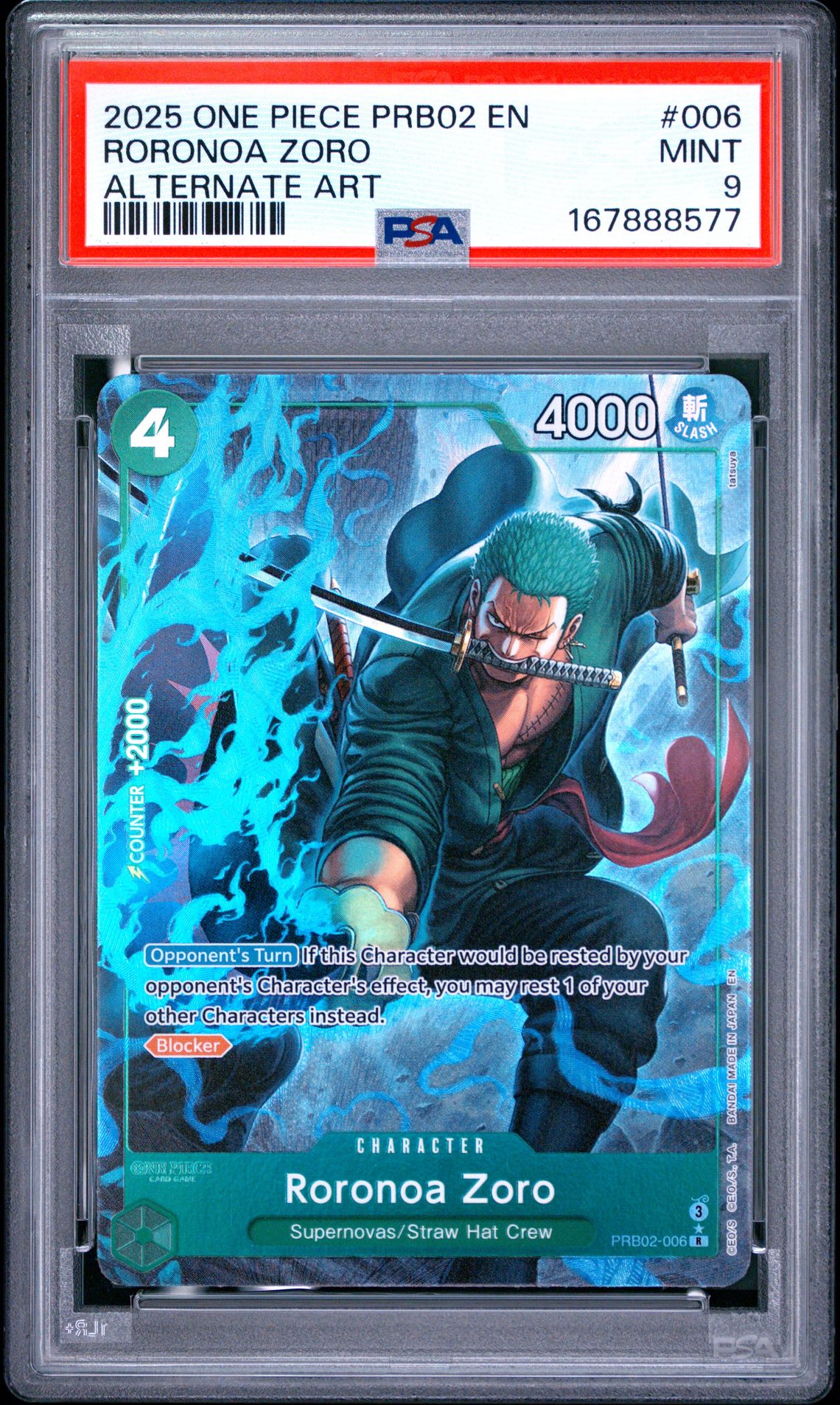 2025 One Piece Prb02-Premium Booster -One Piece Card The Best- Vol.2 Roronoa Zoro #006 (Alternate Art) Mint 9 front
