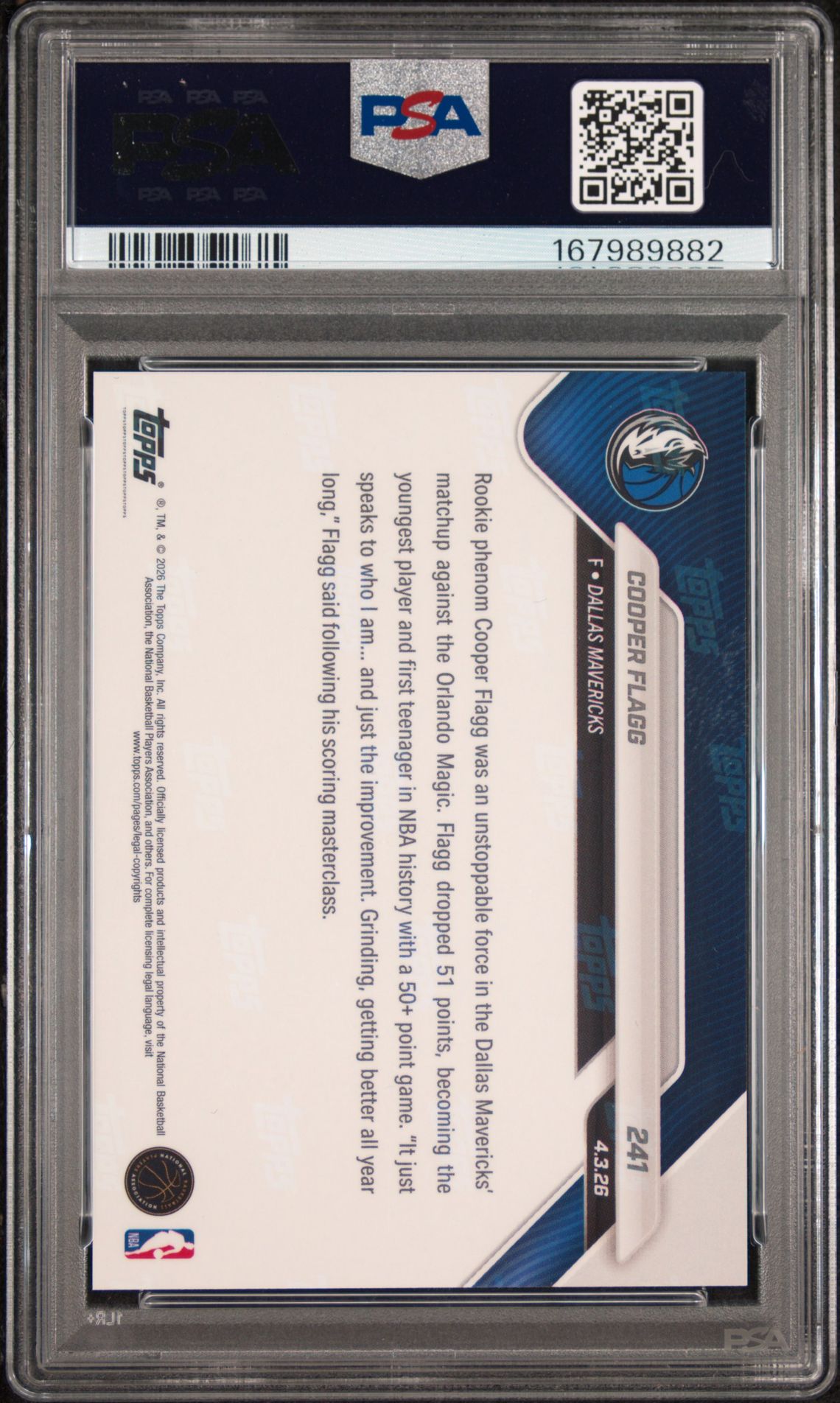2025 Topps Now Cooper Flagg #241 Gem Mt 10 back view - PSA certificate #167989882