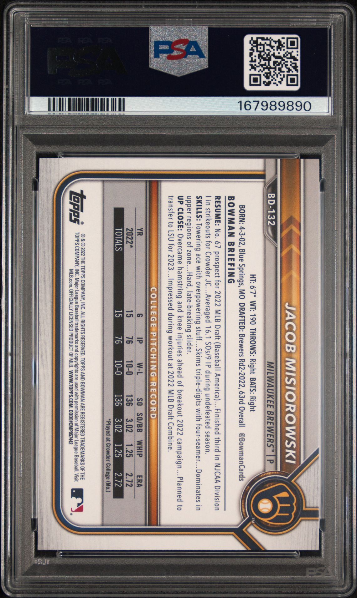 2022 Bowman Draft 1St Edition Jacob Misiorowski #132 Gem Mt 10 back view - PSA certificate #167989890