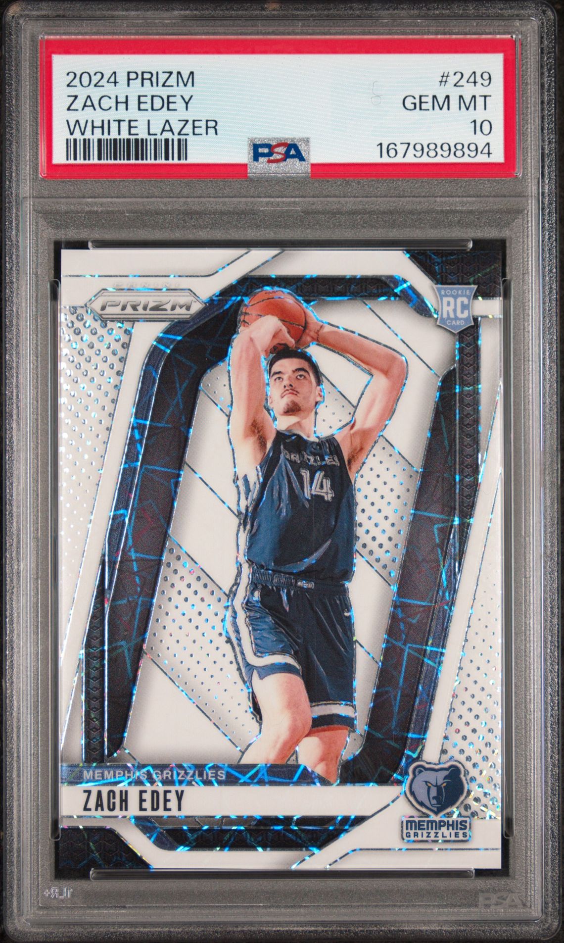 2024 Panini Prizm Zach Edey #249 (White Lazer) Gem Mt 10 front view - PSA graded GEM MT 10