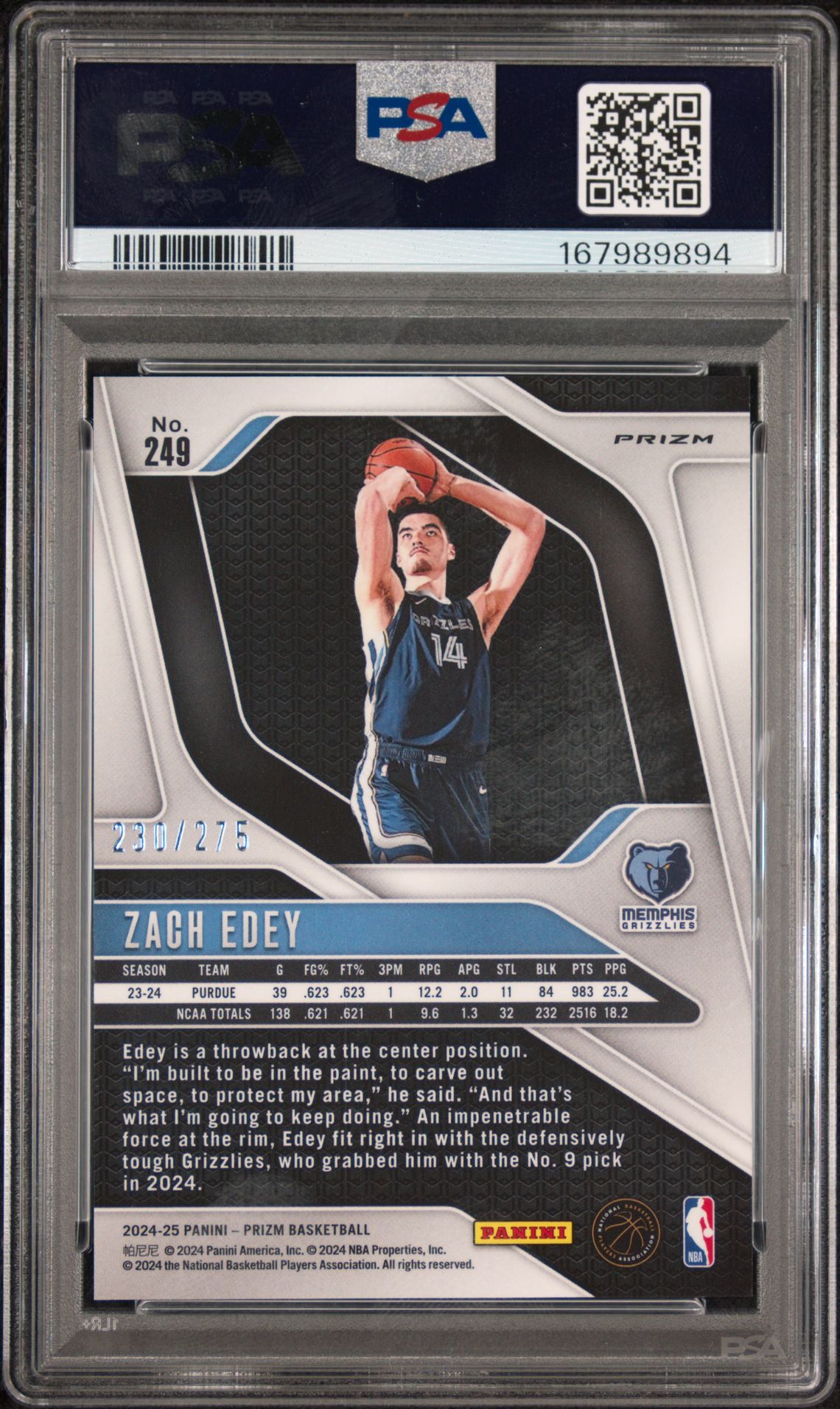 2024 Panini Prizm Zach Edey #249 (White Lazer) Gem Mt 10 back view - PSA certificate #167989894