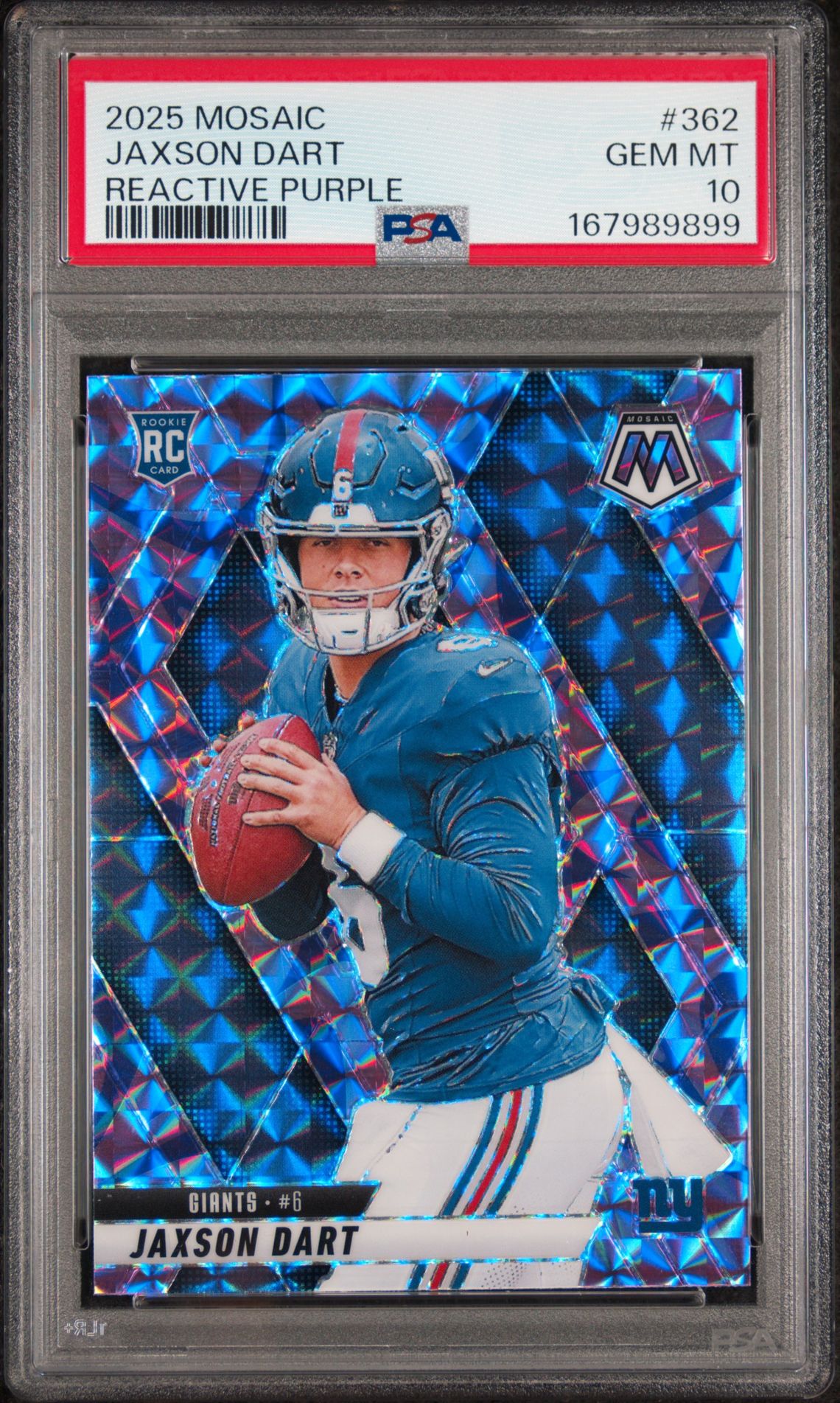2025 Panini Mosaic Jaxson Dart #362 (Reactive Purple) Gem Mt 10 front view - PSA graded GEM MT 10