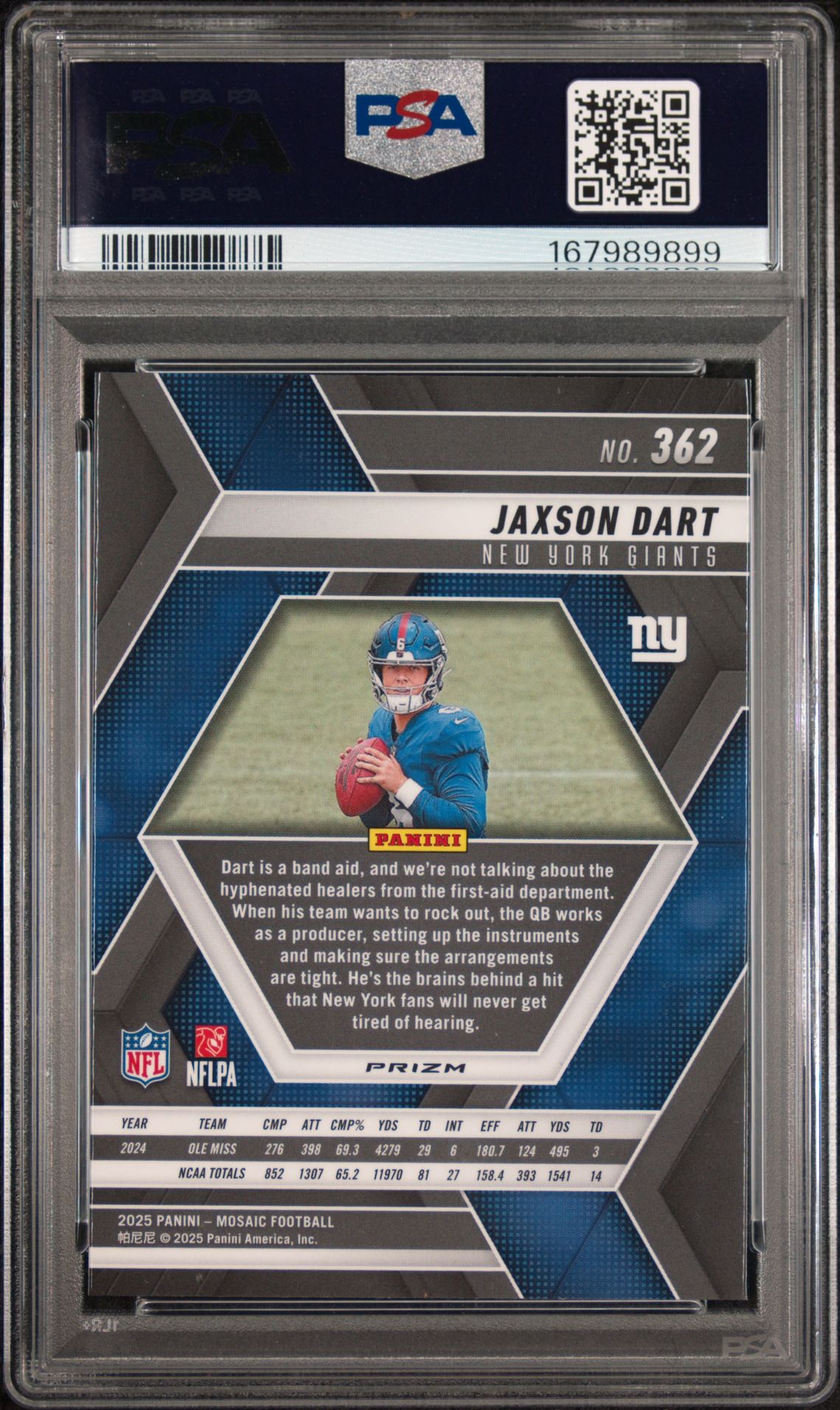 2025 Panini Mosaic Jaxson Dart #362 (Reactive Purple) Gem Mt 10 back view - PSA certificate #167989899