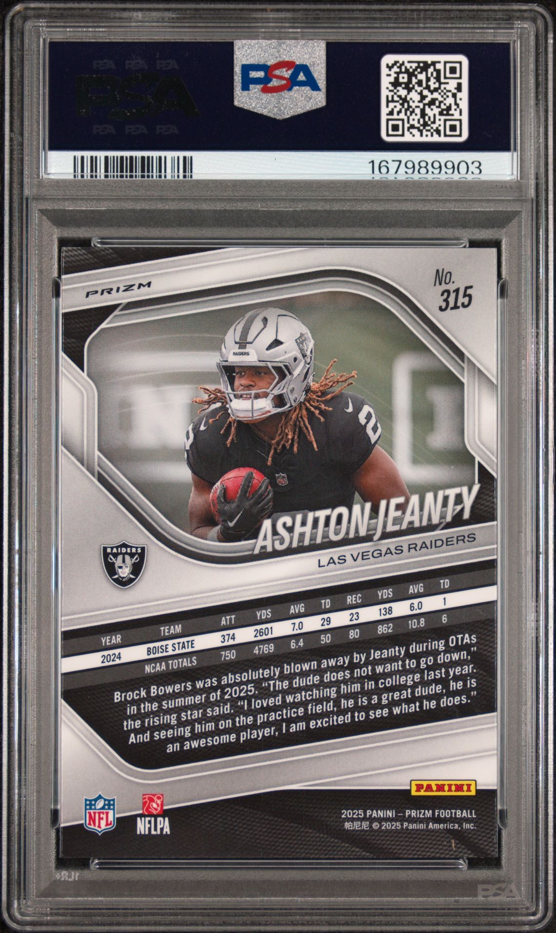 2025 PANINI PRIZM ASHTON JEANTY LAZER PRIZM 315 GEM MT 10 back