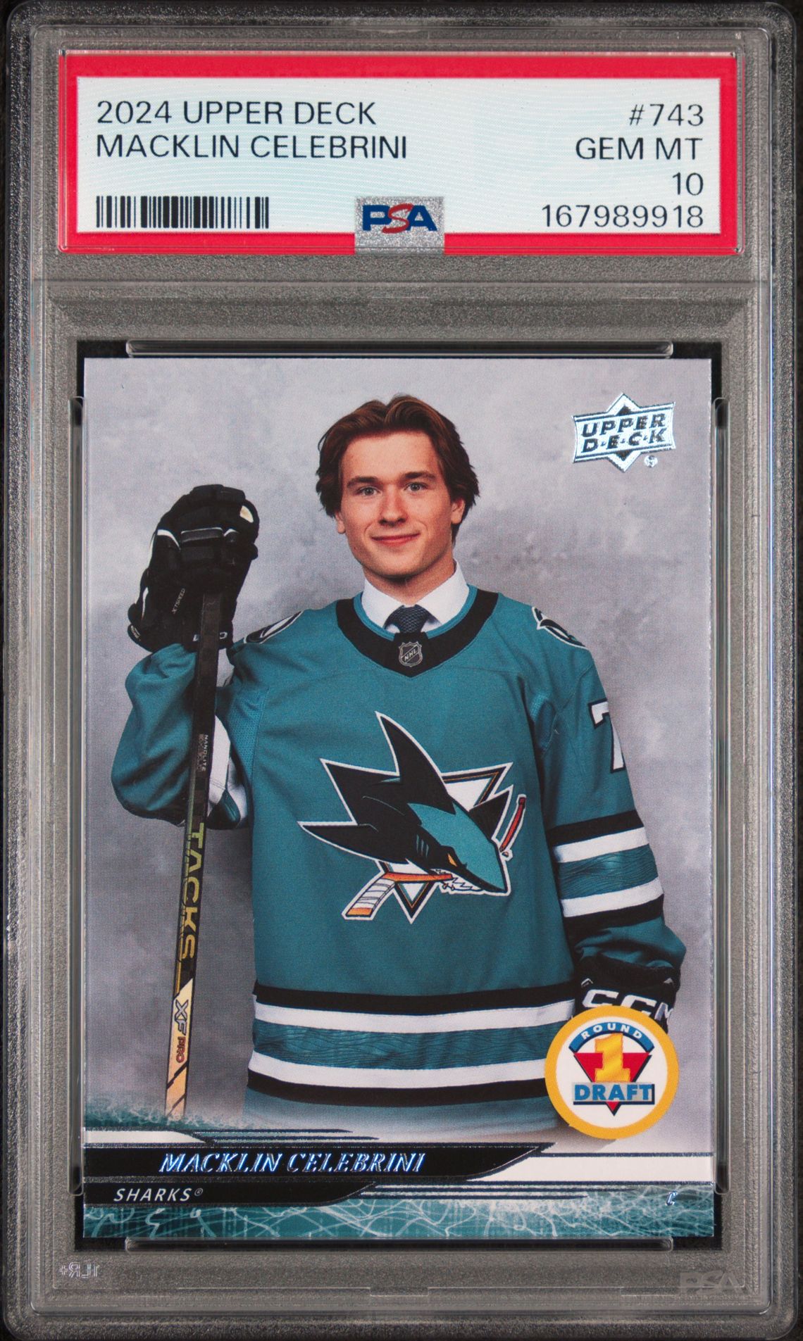 2024 Upper Deck Macklin Celebrini #743 Gem Mt 10 front view - PSA graded GEM MT 10