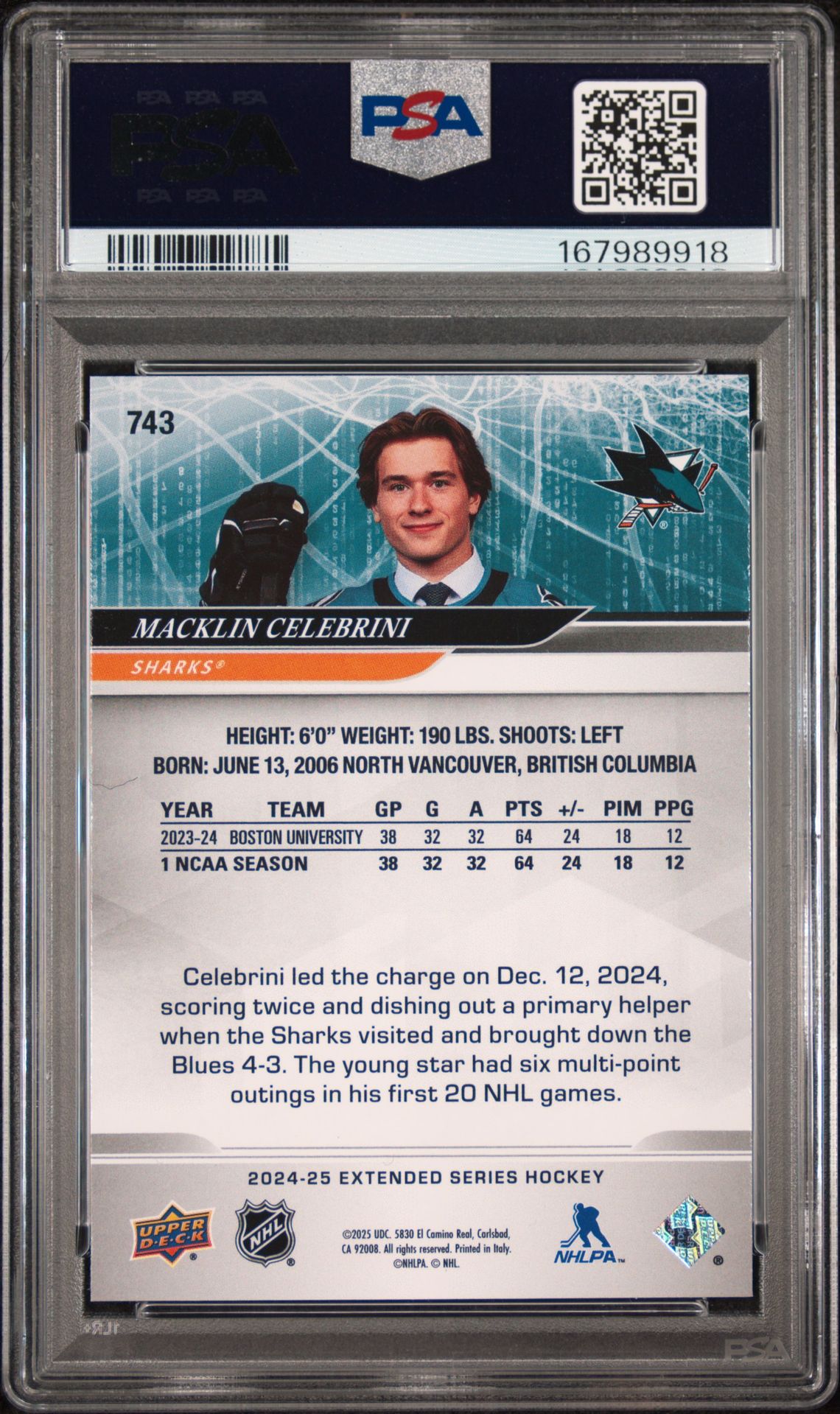 2024 Upper Deck Macklin Celebrini #743 Gem Mt 10 back view - PSA certificate #167989918