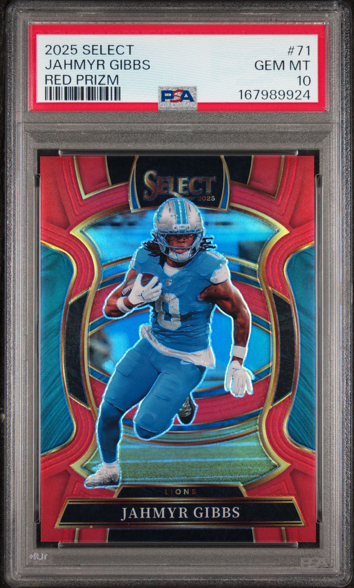 2025 Panini Select Jahmyr Gibbs #71 (Red Prizm) Gem Mt 10 front view - PSA graded GEM MT 10
