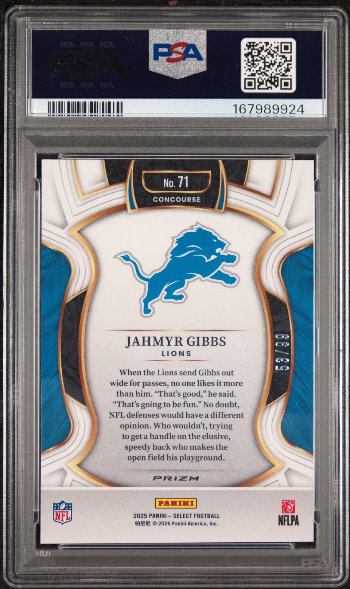 2025 Panini Select Jahmyr Gibbs #71 (Red Prizm) Gem Mt 10 back view - PSA certificate #167989924