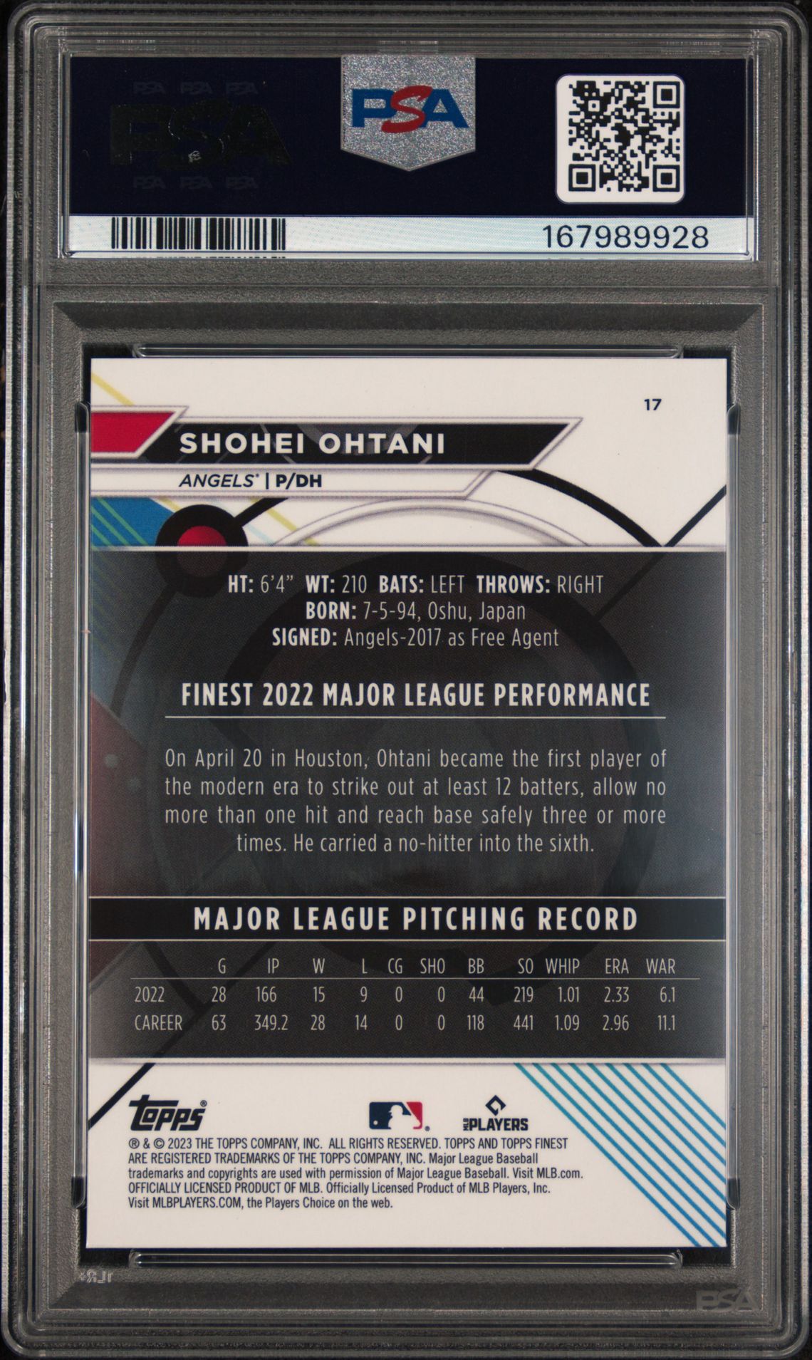 2023 Topps Finest Shohei Ohtani #17 Gem Mt 10 back view - PSA certificate #167989928
