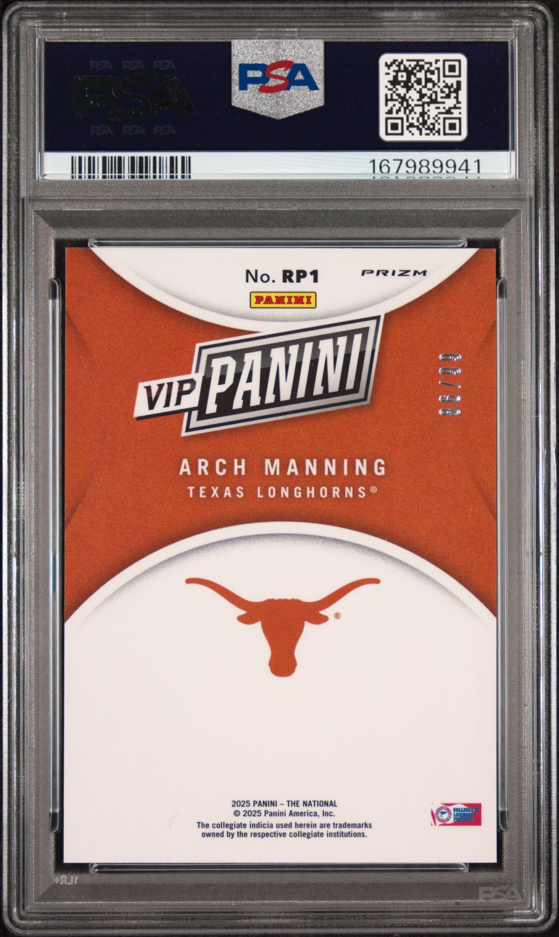 2025 Panini National Sports Collectors Convention Vip Gold Arch Manning #Rp1 (Red Sparkle) Gem Mt 10 back view - PSA certificate #167989941