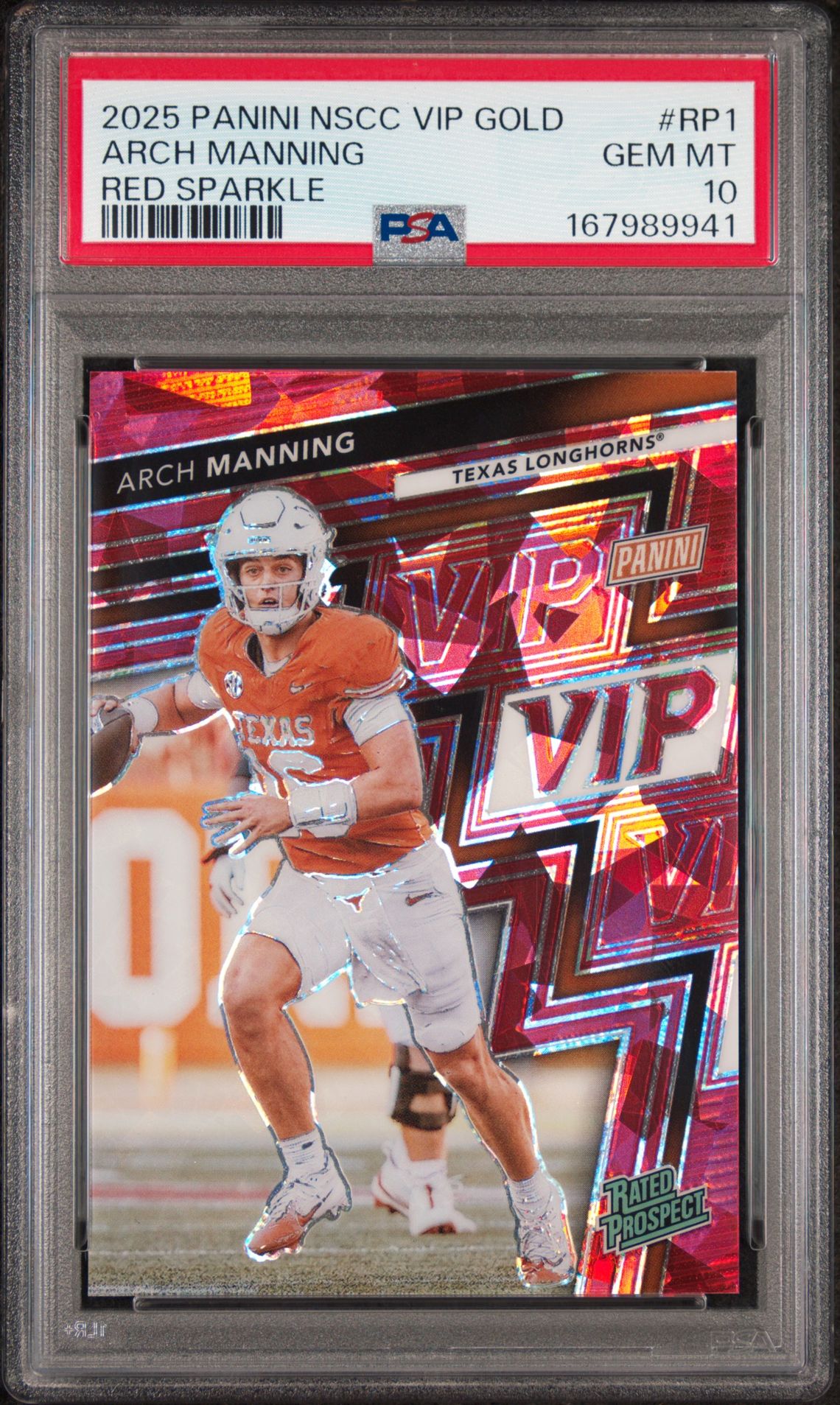 2025 Panini National Sports Collectors Convention Vip Gold Arch Manning #Rp1 (Red Sparkle) Gem Mt 10 front view - PSA graded GEM MT 10