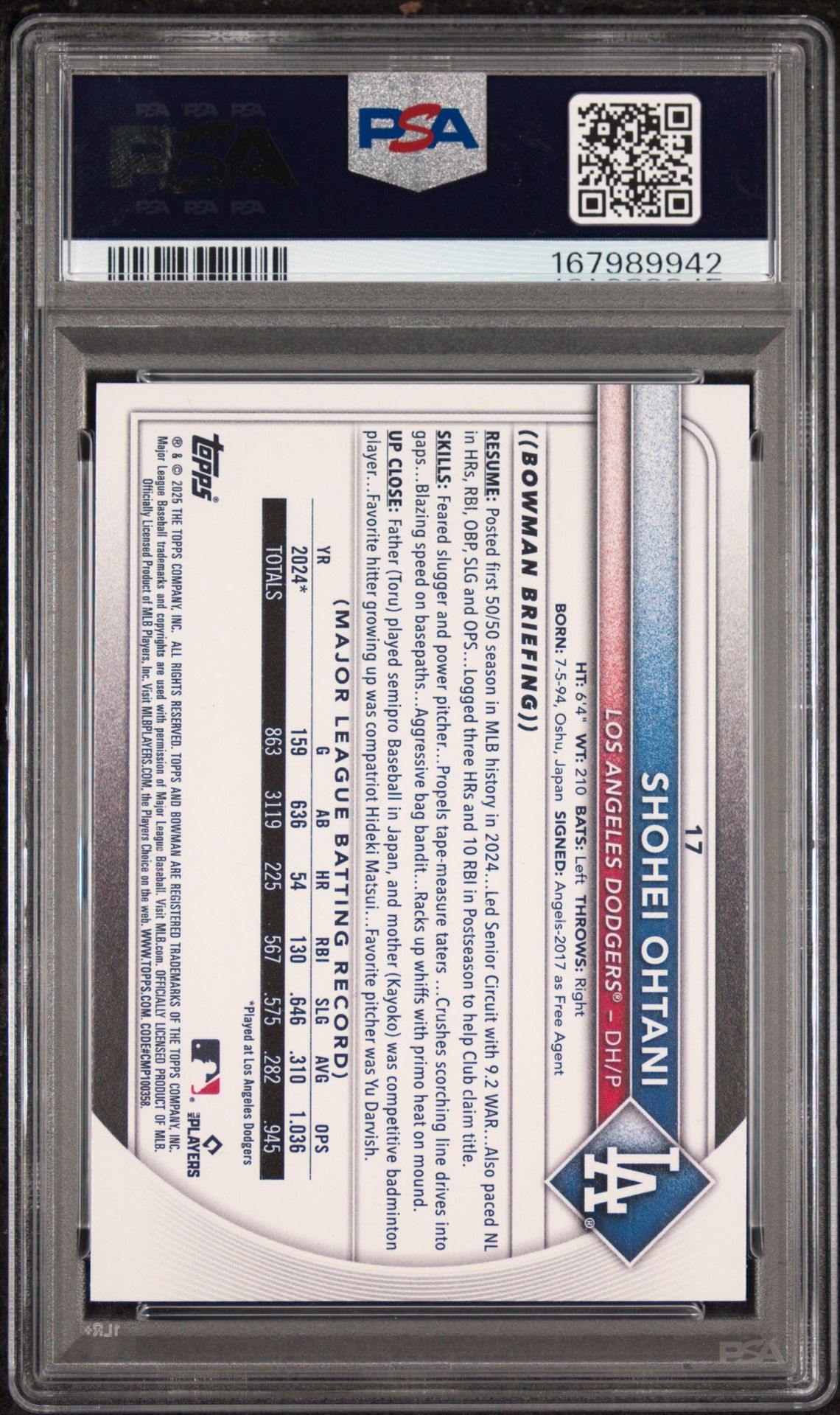 2025 Bowman Shohei Ohtani #17 Gem Mt 10 back view - PSA certificate #167989942