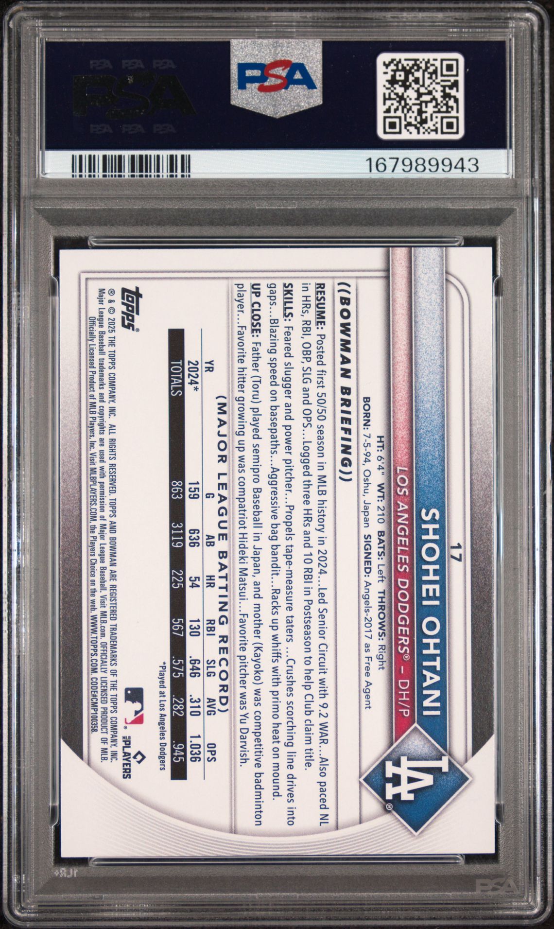 2025 Bowman Shohei Ohtani #17 Gem Mt 10 back view - PSA certificate #167989943