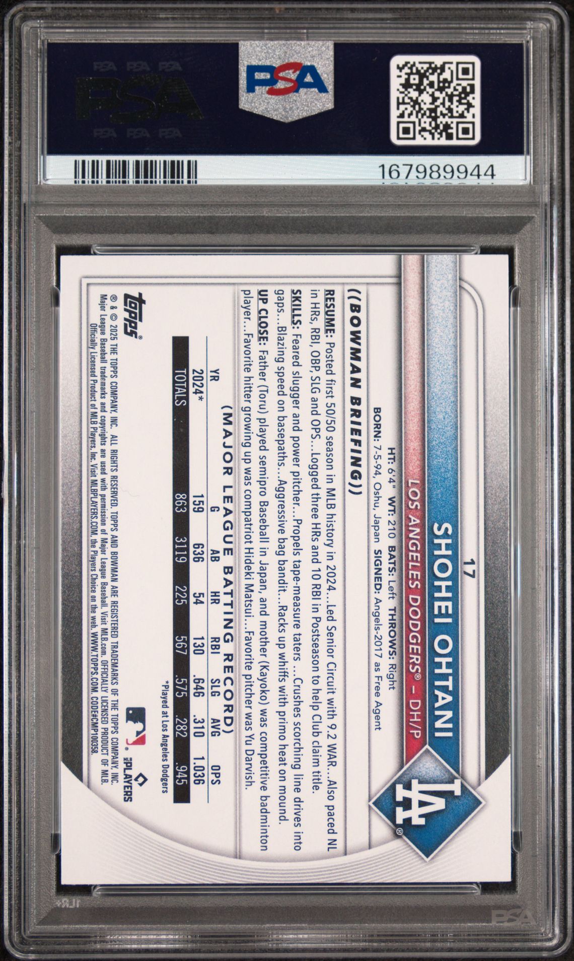 2025 BOWMAN SHOHEI OHTANI  17 GEM MT 10 back