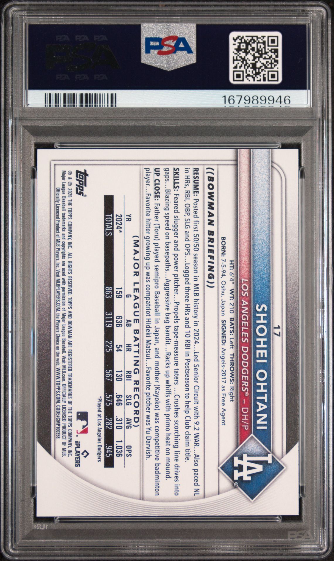 2025 Bowman Shohei Ohtani #17 Gem Mt 10 back view - PSA certificate #167989946
