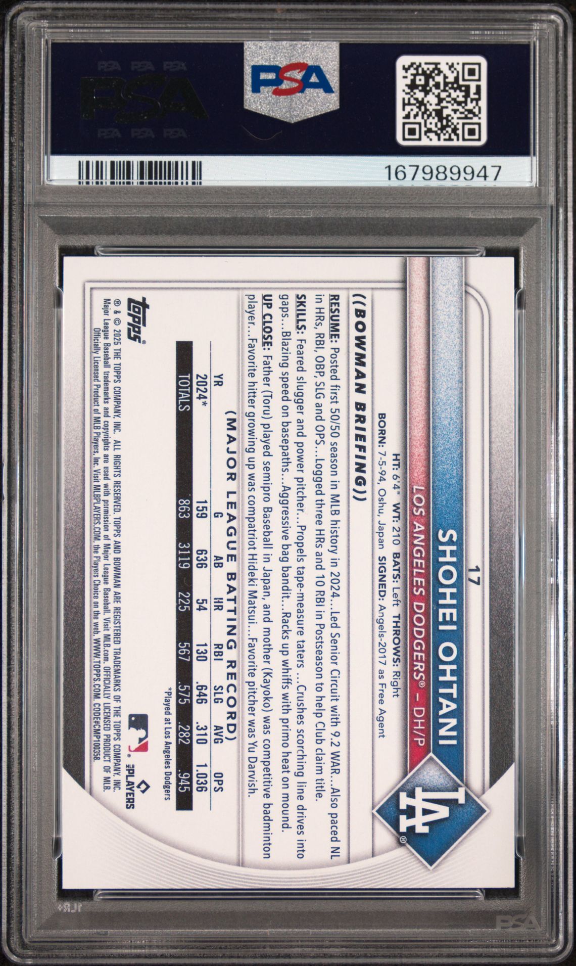 2025 BOWMAN SHOHEI OHTANI  17 GEM MT 10 back