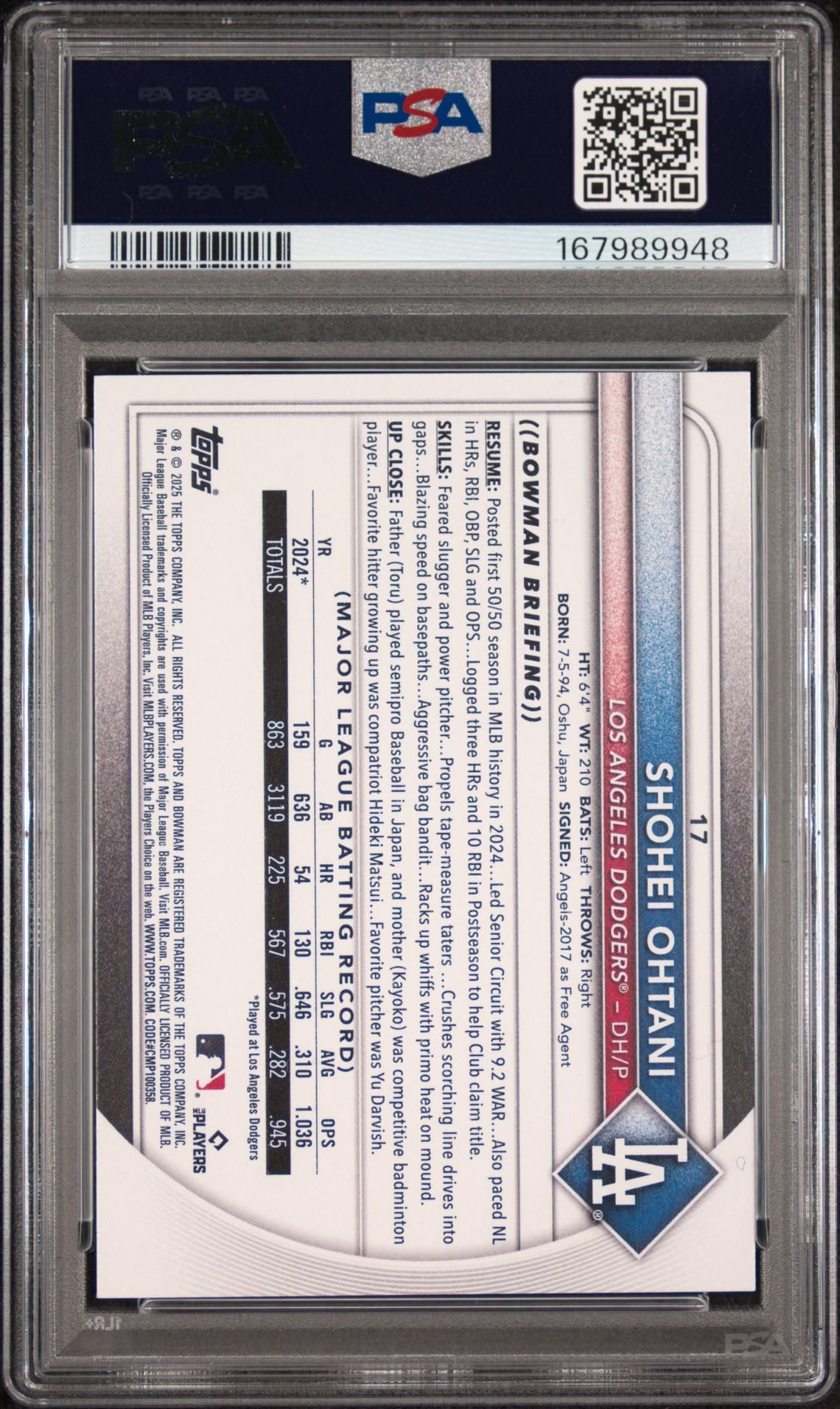 2025 Bowman Shohei Ohtani #17 Gem Mt 10 back view - PSA certificate #167989948