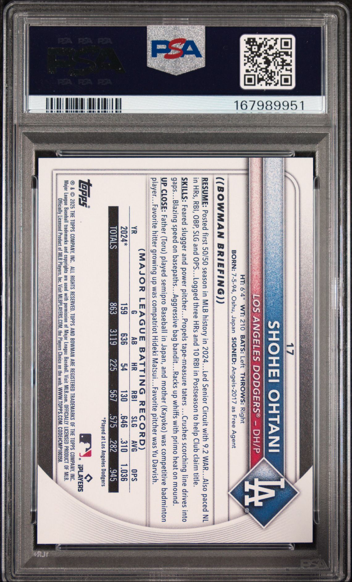 2025 Bowman Shohei Ohtani #17 Gem Mt 10 back view - PSA certificate #167989951