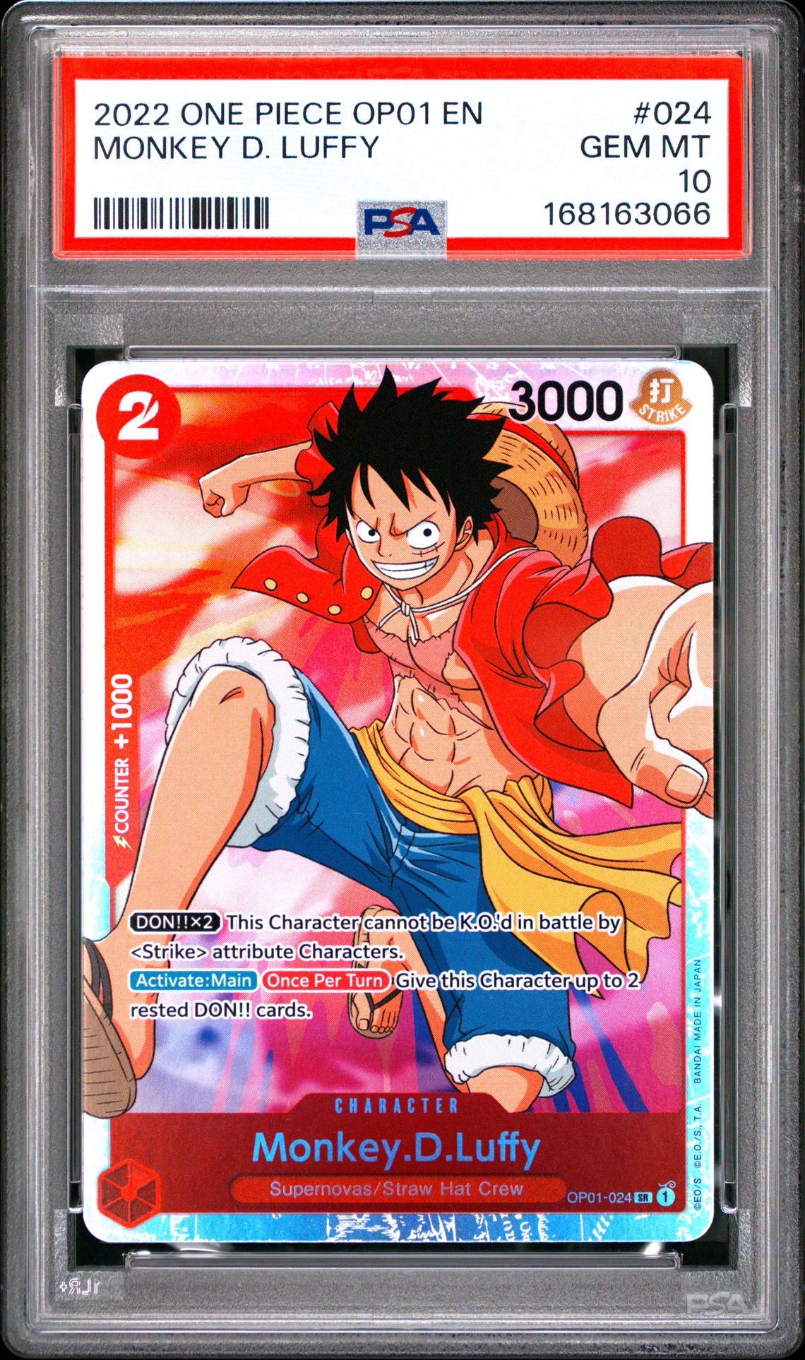 2022 One Piece Op01-Romance Dawn Monkey D. Luffy #024 Gem Mt 10 front view - PSA graded GEM MT 10