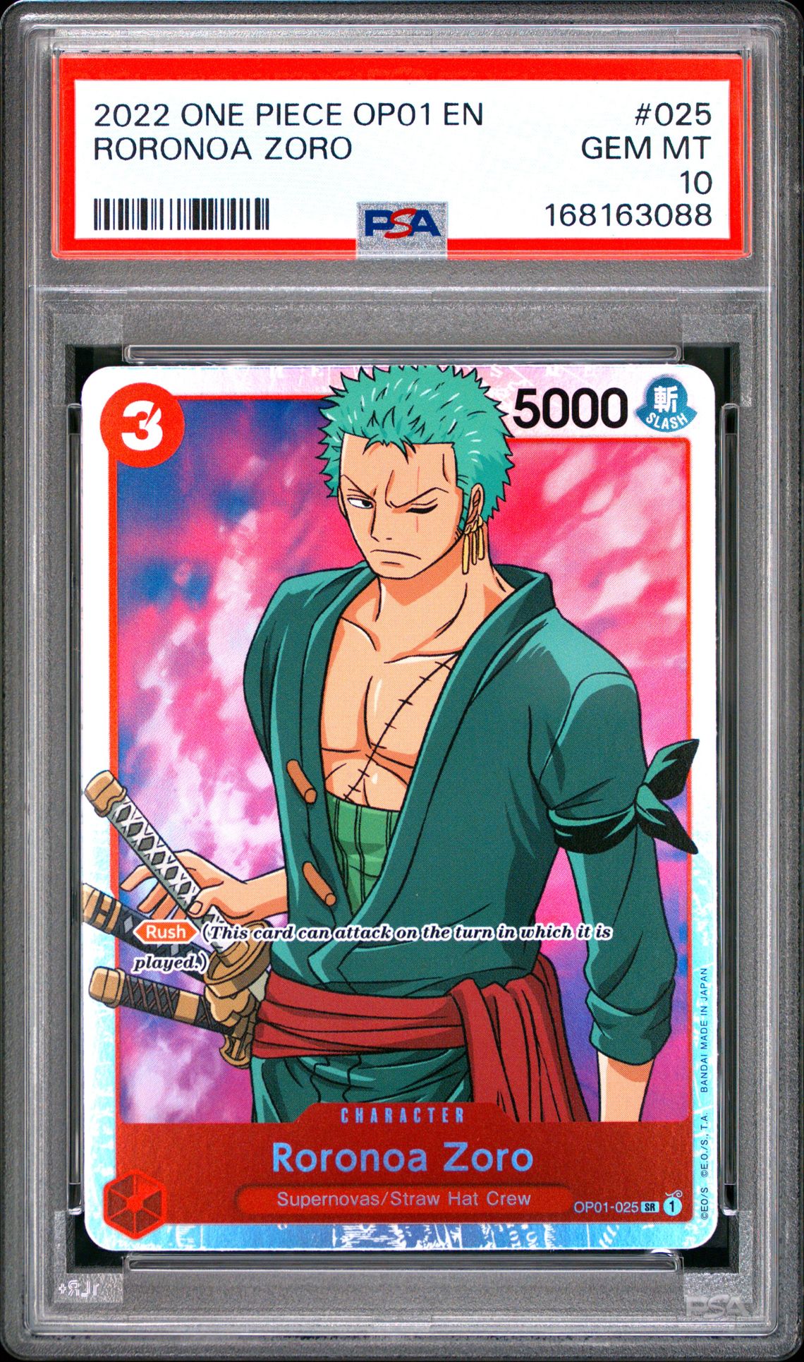 2022 One Piece Op01-Romance Dawn Roronoa Zoro #025 Gem Mt 10 front
