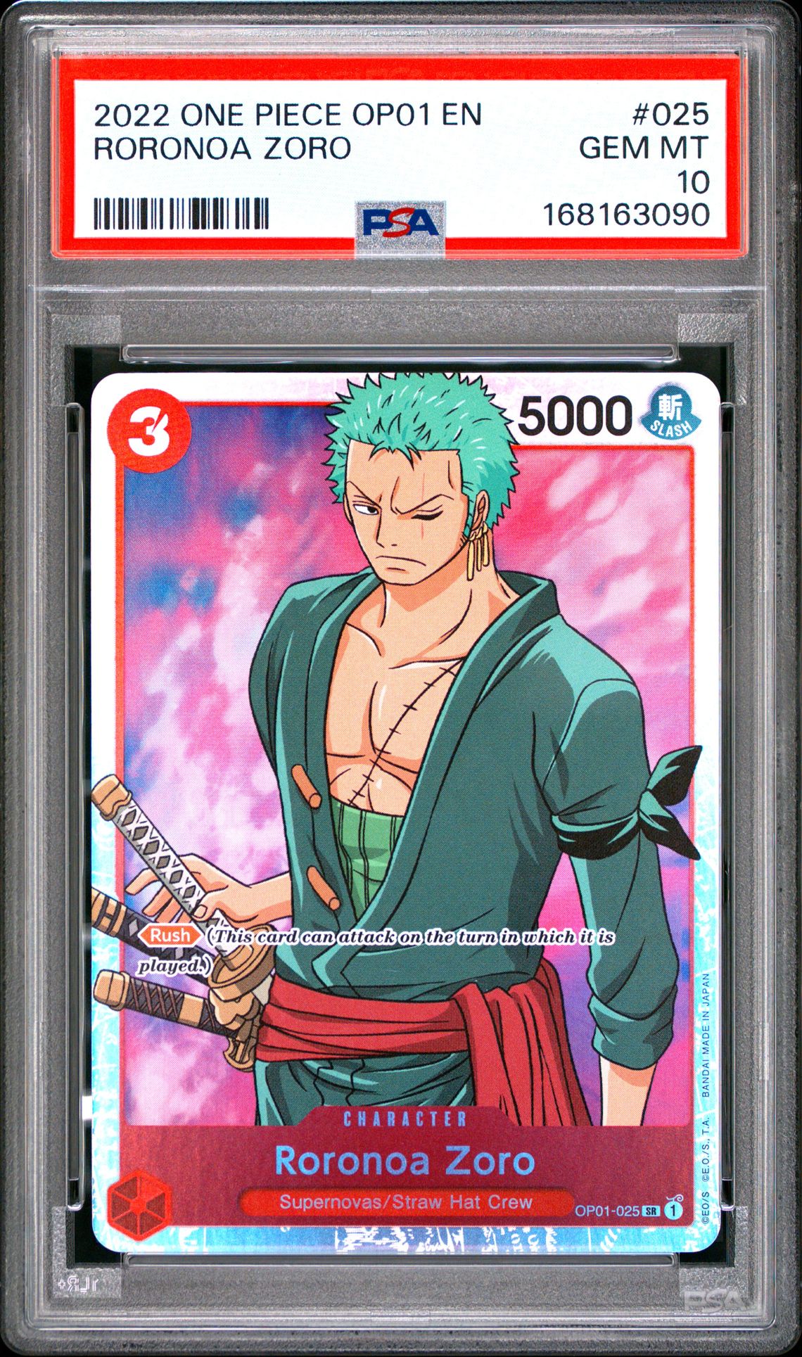 2022 One Piece Op01-Romance Dawn Roronoa Zoro #025 Gem Mt 10 front view - PSA graded GEM MT 10