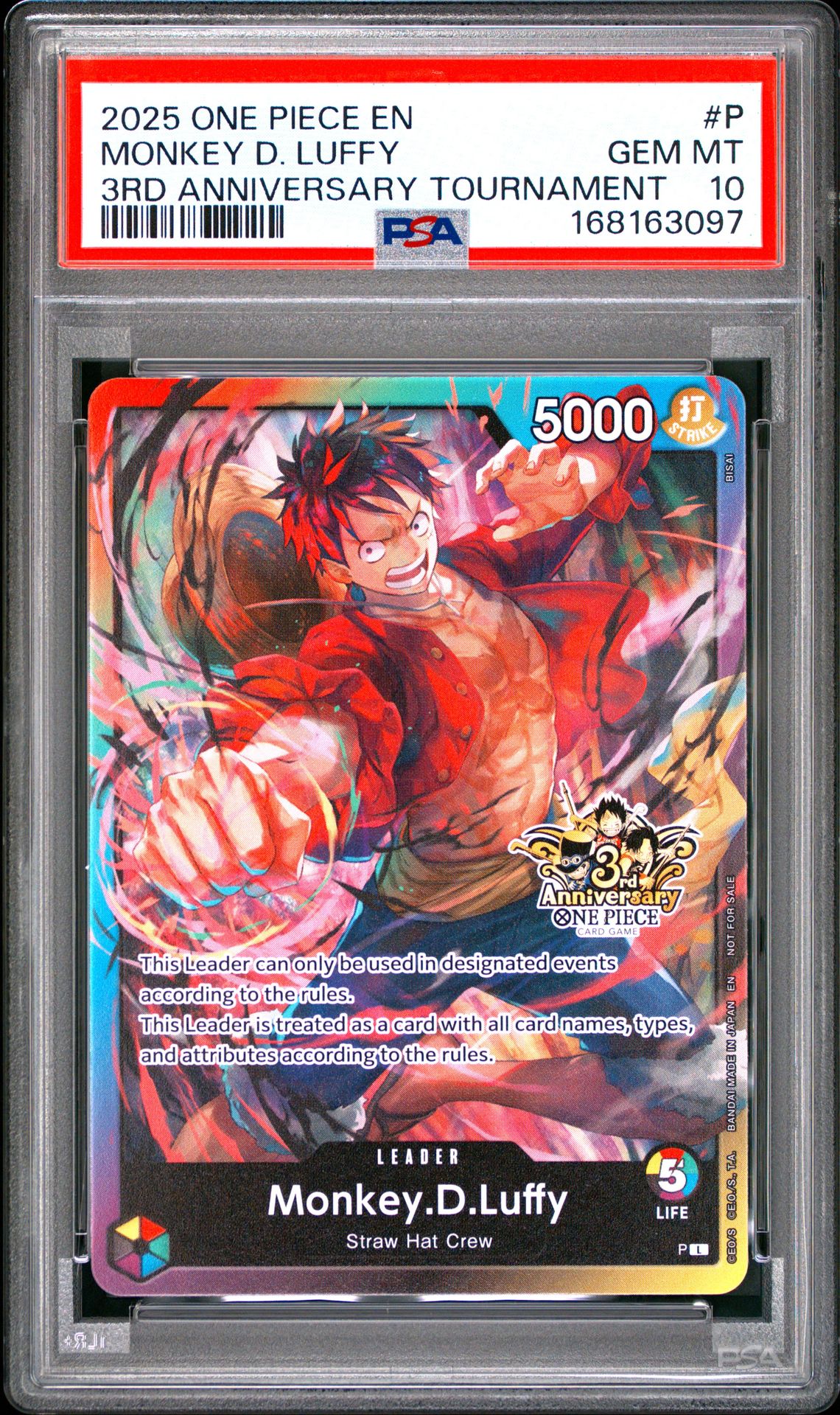 2025 ONE PIECE PROMOS MONKEY D. LUFFY 3RD ANNIVERSARY TOURNAMENT P GEM MT 10 front