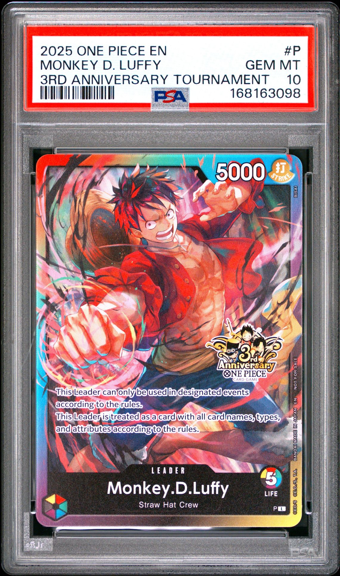 2025 One Piece Promos Monkey D. Luffy #P (3Rd Anniversary Tournament) Gem Mt 10 front view - PSA graded GEM MT 10