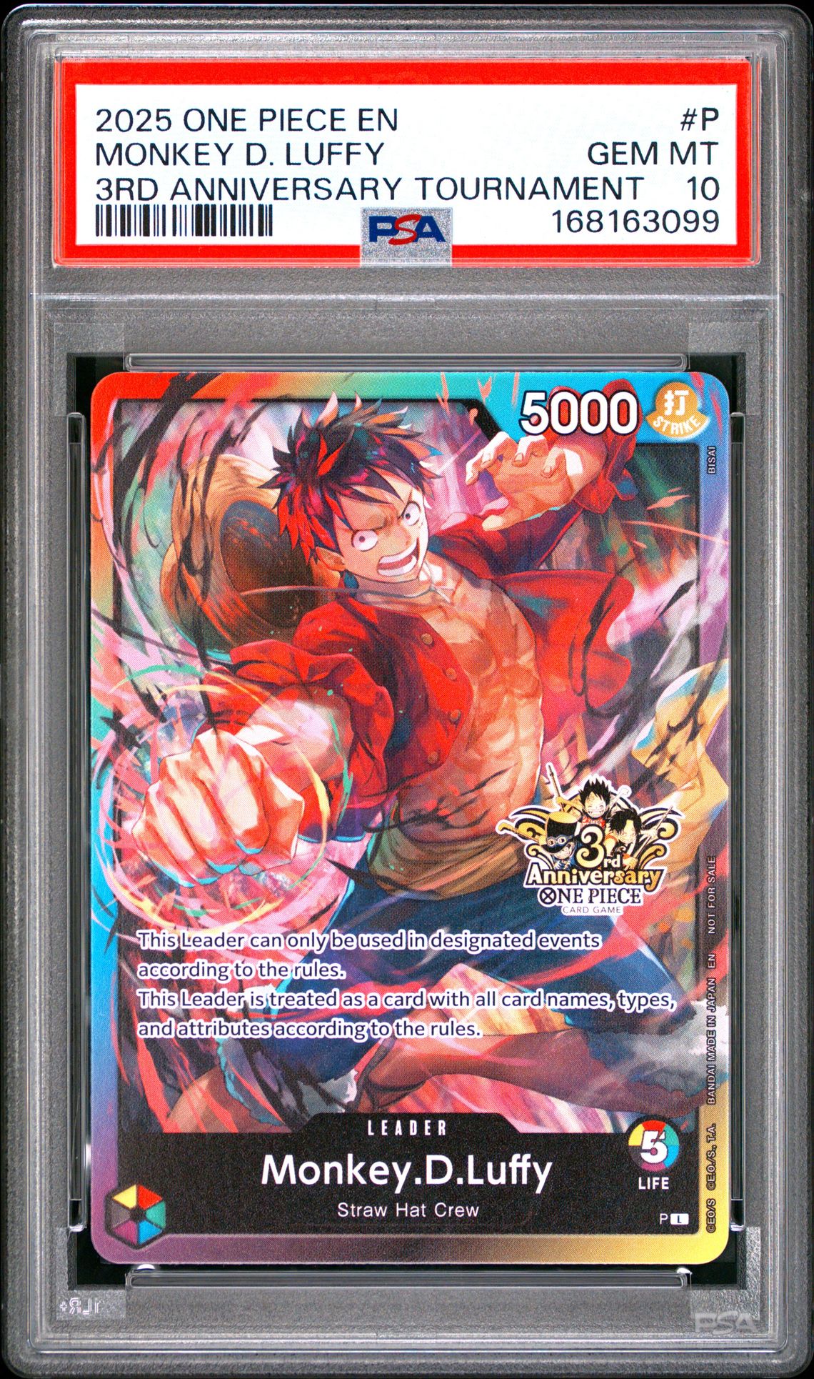 2025 One Piece Promos Monkey D. Luffy #P (3Rd Anniversary Tournament) Gem Mt 10 front view - PSA graded GEM MT 10
