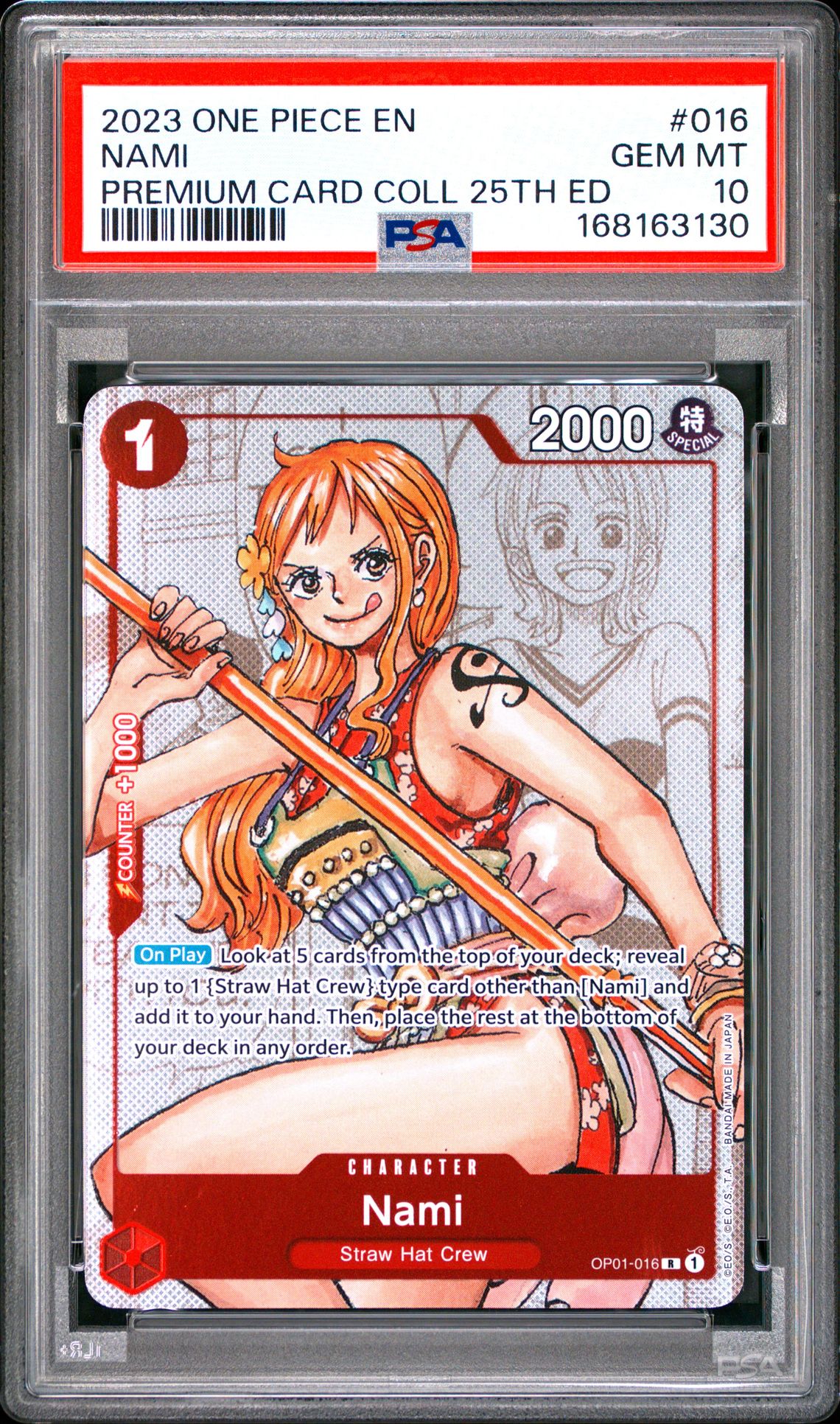 2023 One Piece Premium Card Collection 25Th Edition Nami #016 Gem Mt 10 front view - PSA graded GEM MT 10