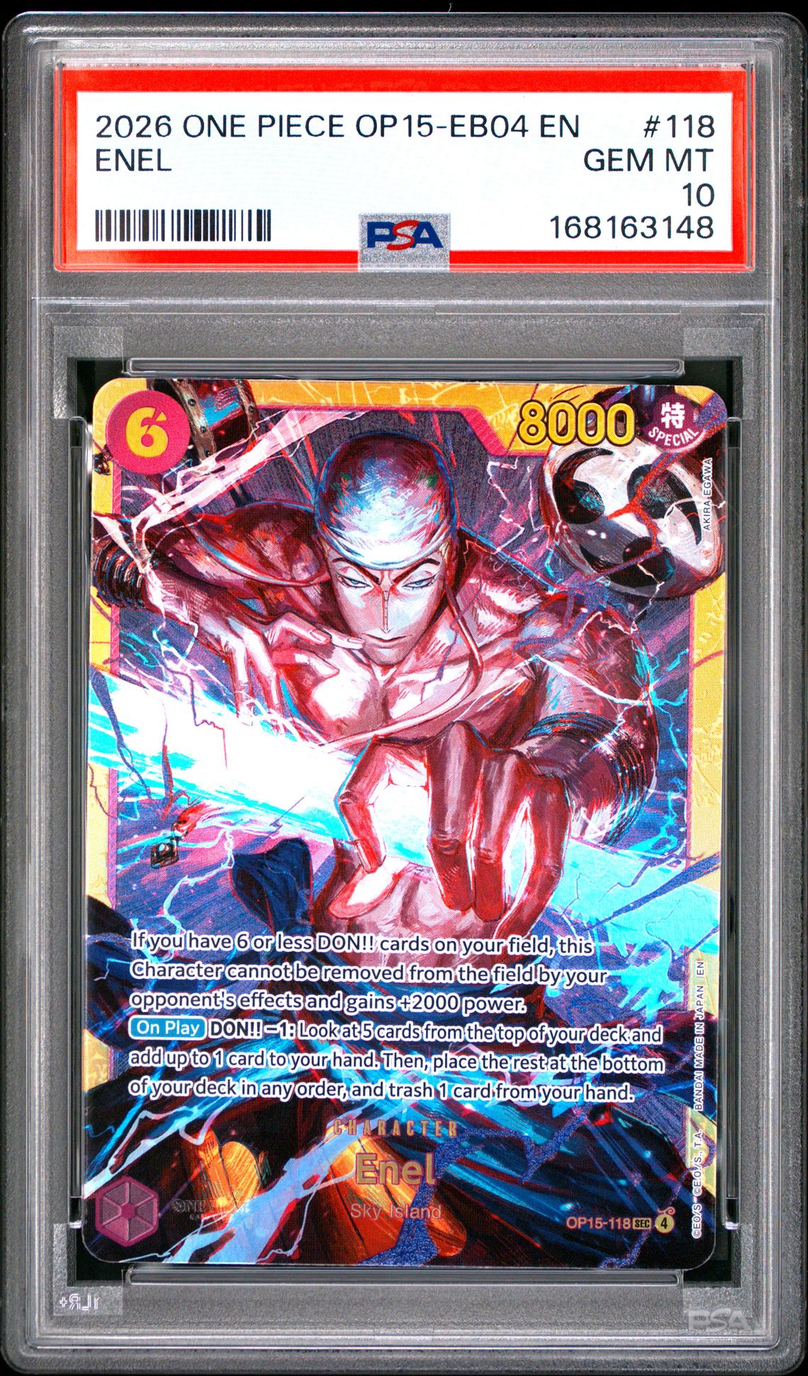 2026 One Piece Op15-Eb04-Adventure On Kami's Island Enel #118 Gem Mt 10 front view - PSA graded GEM MT 10