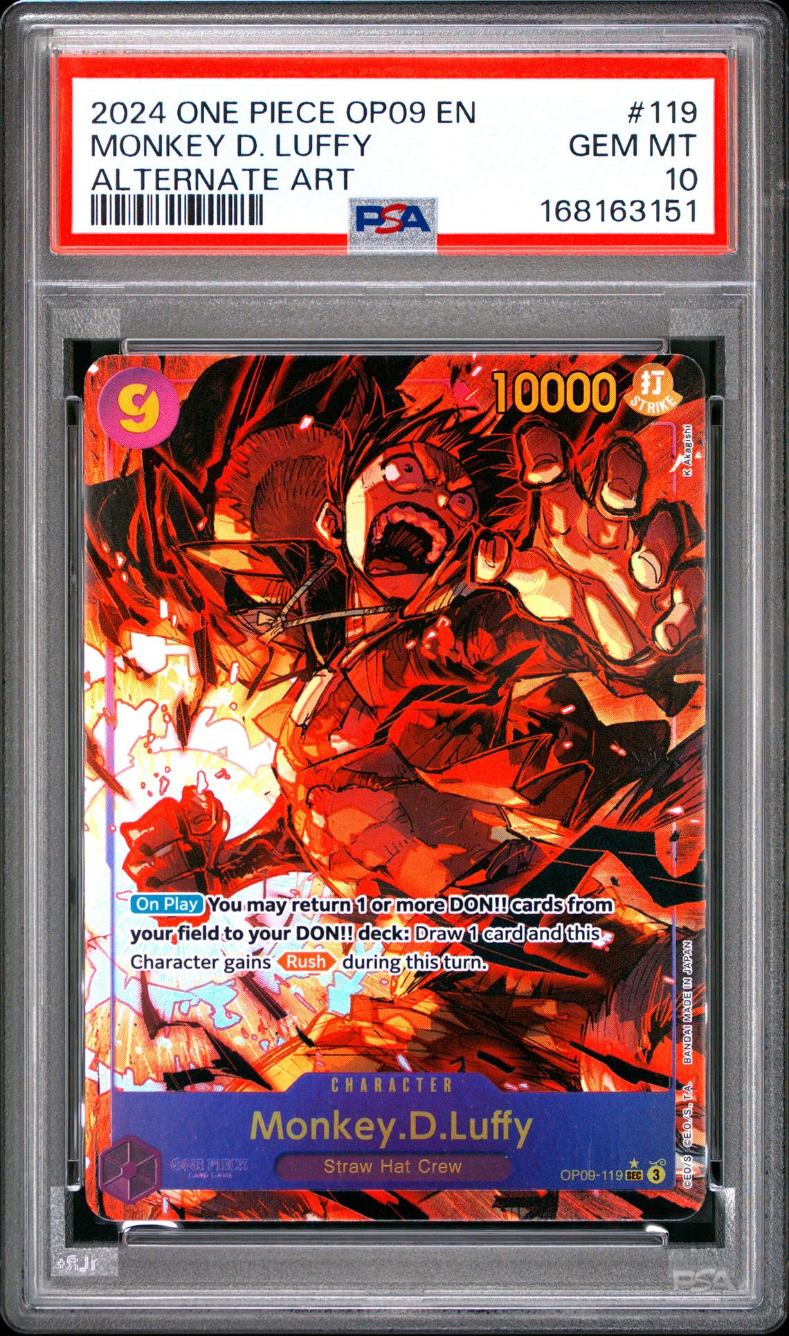 2024 One Piece Op09-Emperors In The New World Monkey D. Luffy #119 (Alternate Art) Gem Mt 10 front view - PSA graded GEM MT 10