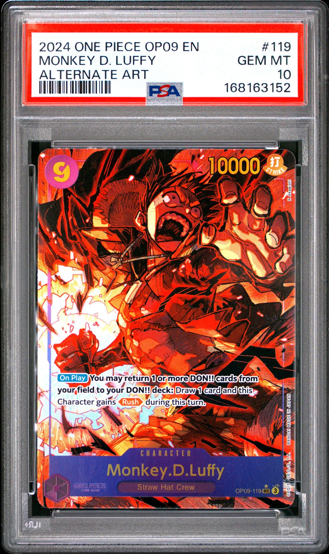 2024 ONE PIECE OP09-EMPERORS IN THE NEW WORLD MONKEY D. LUFFY ALTERNATE ART 119 GEM MT 10 front