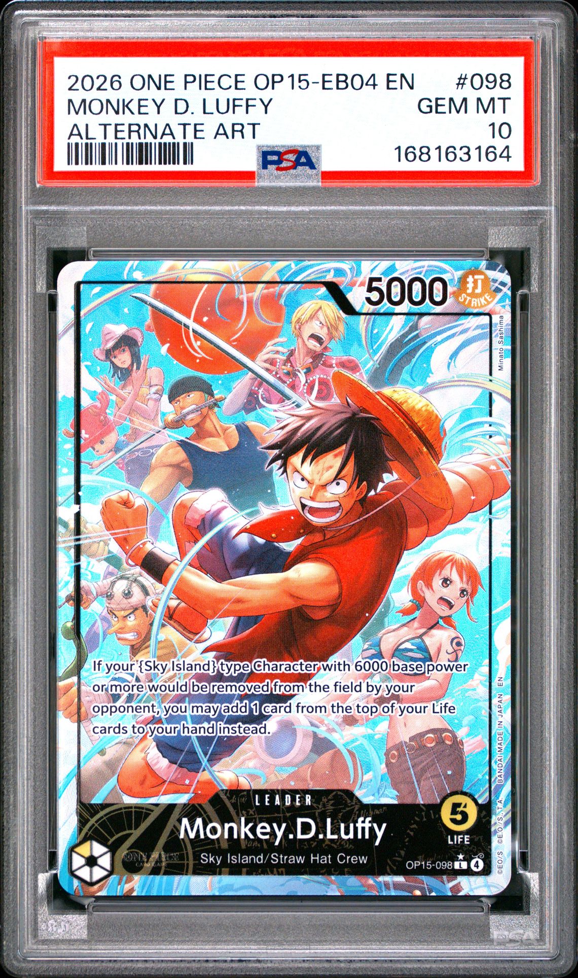 2026 One Piece Op15-Eb04-Adventure On Kami's Island Monkey D. Luffy #098 (Alternate Art) Gem Mt 10 front view - PSA graded GEM MT 10