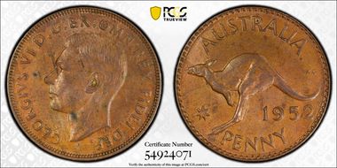 1952 A. (p) 1D Melbourne reverse Misaligned pointed 2 AU58BN