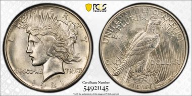 1921 $1 High Relief, Peace GSA Hoard N1