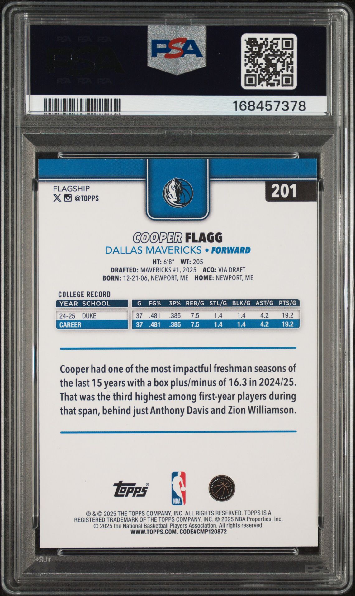 2025 TOPPS COOPER FLAGG  201 GEM MT 10 back