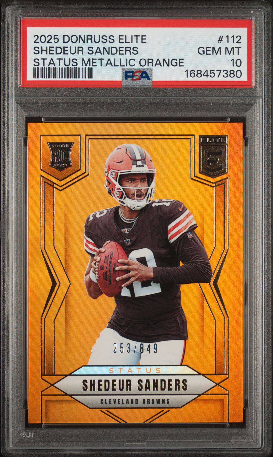 2025 Panini Donruss Elite Shedeur Sanders #112 (Status Metallic Orange) Gem Mt 10 front view - PSA graded GEM MT 10