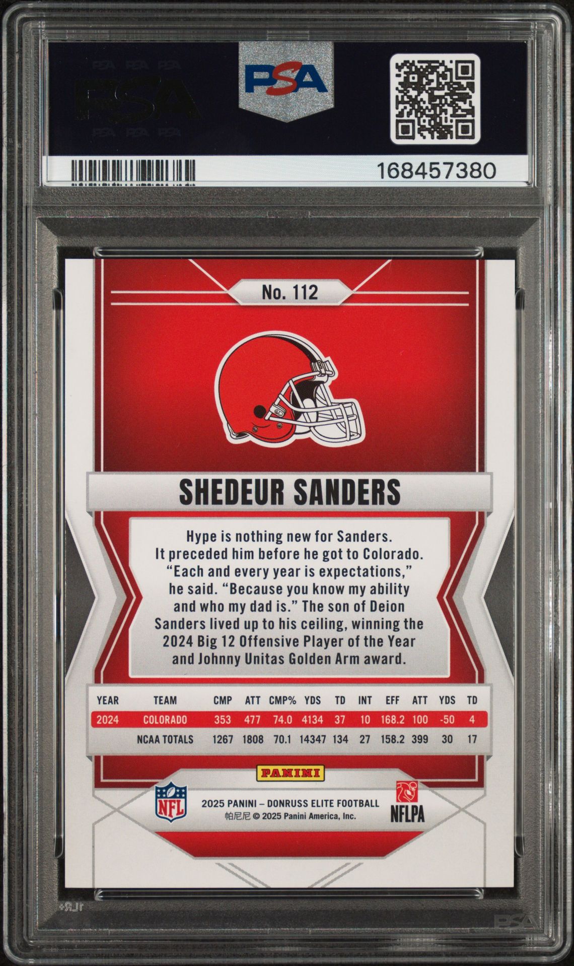 2025 Panini Donruss Elite Shedeur Sanders #112 (Status Metallic Orange) Gem Mt 10 back view - PSA certificate #168457380