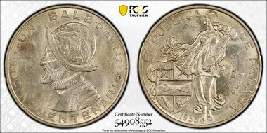 1953 Balboa 50th Ann. Rep. of Panama KM-21 Ag MS62