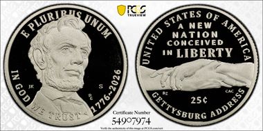2026-S 25C Gettysburg Address Ag PR69DCAM
