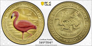 2023-Mo Medal Chapultepec Zoo Matte Brass Flamenco del Caribe Colorized SP70