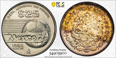 1985-Mo 25 Peso '86 World Cup KM-497 Ag MS66